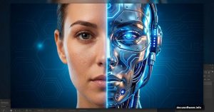 Half human half cyborg face showing Photoshop tutorial transformation