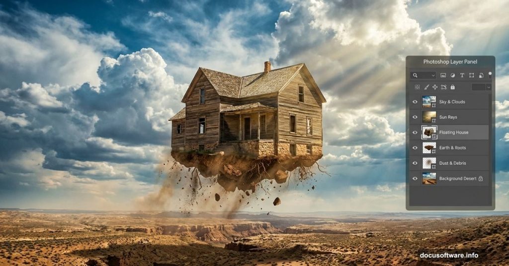 Farmhouse floating in sky with dirt attached, Photoshop tutorial visualization