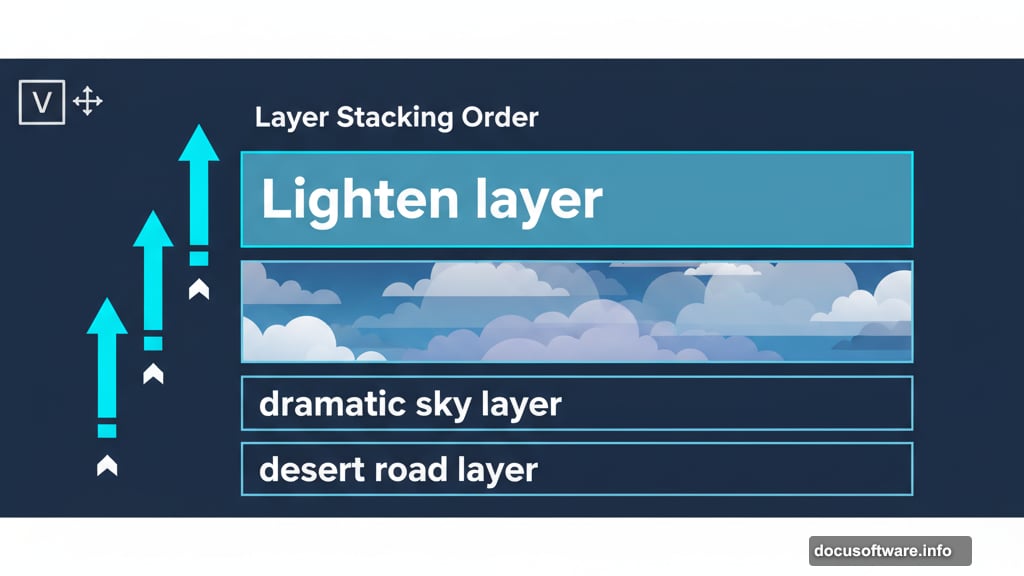 Build the background scene with desert road and dramatic clouds