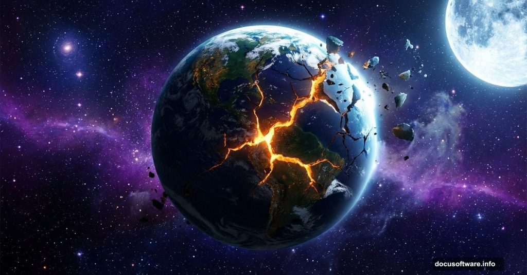 Cracked Earth exploding apart against a sweeping galaxy apocalypse backdrop