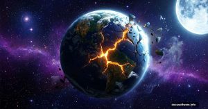 Cracked Earth exploding apart against a sweeping galaxy apocalypse backdrop