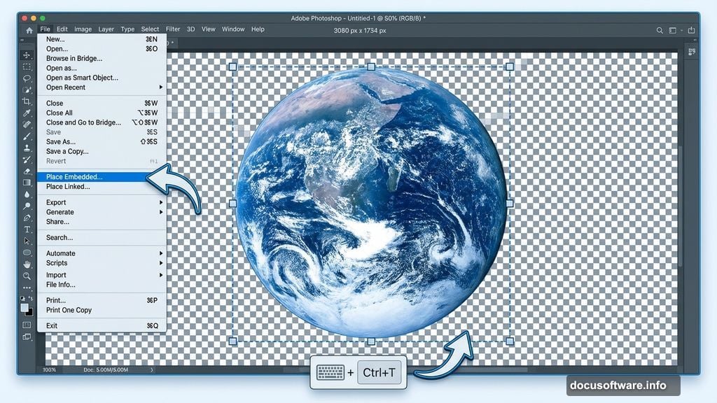 Earth planet image placed on transparent Photoshop canvas ready for editing