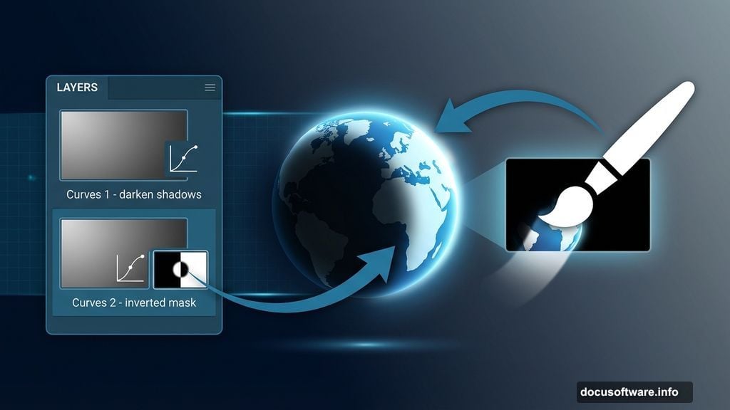 Two Curves Adjustment Layers shaping dramatic light and shadow on Earth