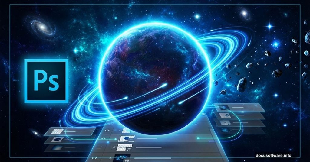 Glowing planet with blue rings beside Photoshop logo in space scene