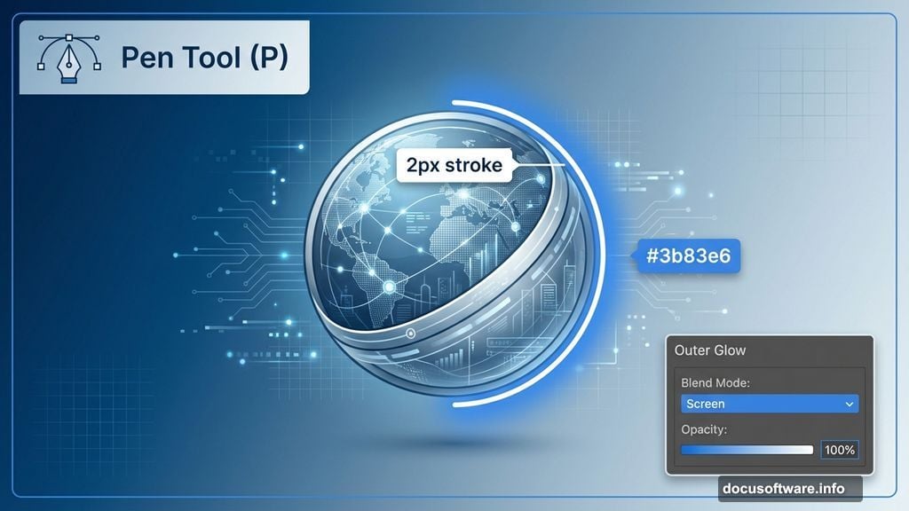 Pen tool creates glowing ring effects with outer glow blending