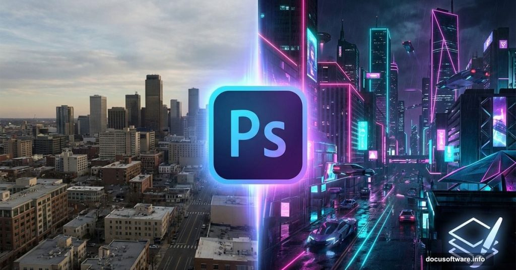 City photo transforming into neon cyberpunk scene through Photoshop logo