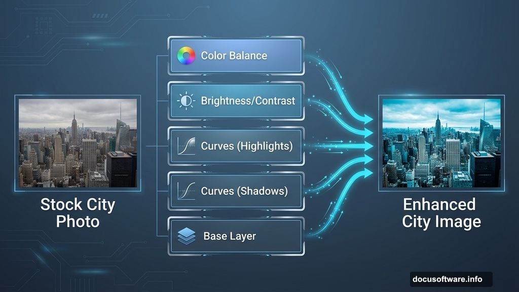 Adjustment layers transform raw stock photos into balanced compositions