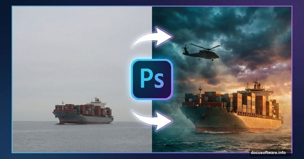 Before and after photo manipulation showing container ship transformed into cinematic scene