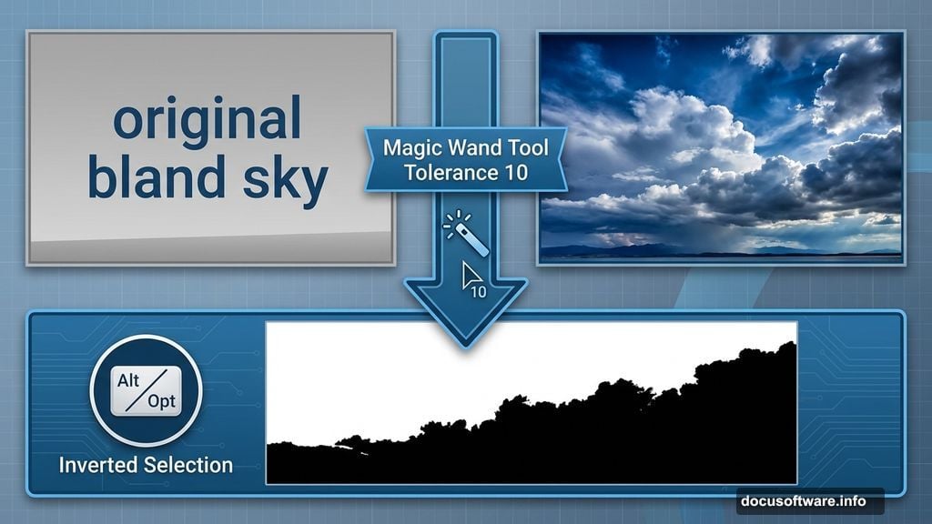 Sky replacement using Magic Wand Tool and inverted layer mask