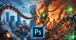 City skyline transformed by Photoshop into alien invasion with mechanical tentacles