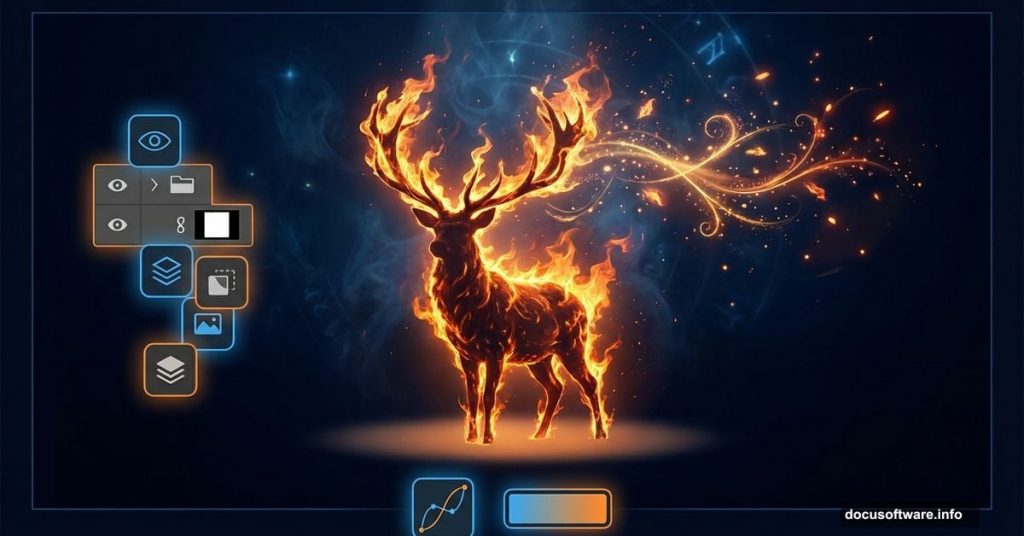 Deer silhouette with flaming antlers surrounded by Photoshop editing icons