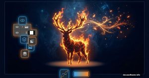 Deer silhouette with flaming antlers surrounded by Photoshop editing icons