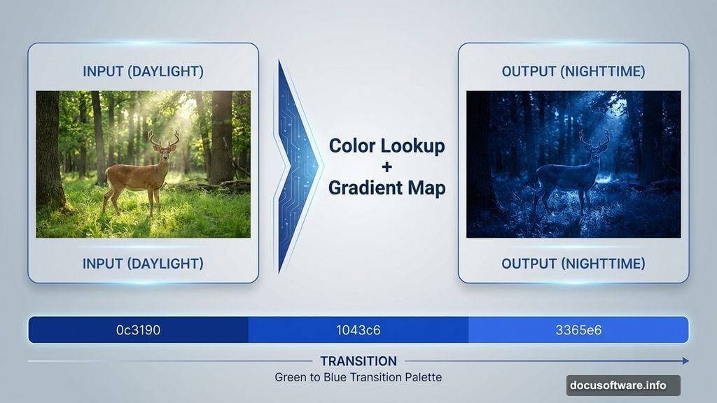 Color Lookup adjustment layer transforms daytime into nighttime scene