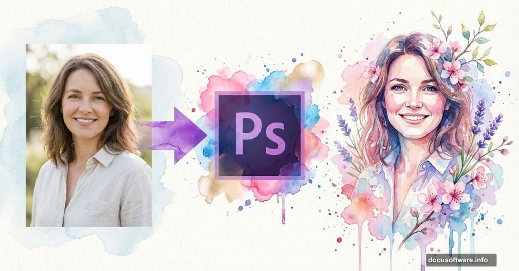Portrait photo transforming into spring watercolor art using Photoshop