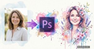 Portrait photo transforming into spring watercolor art using Photoshop