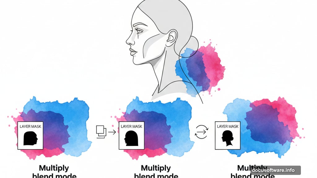 Place watercolor images beneath model layer using Multiply blend mode