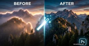 Photoshop dehaze comparison showing hazy landscape before and clear result after