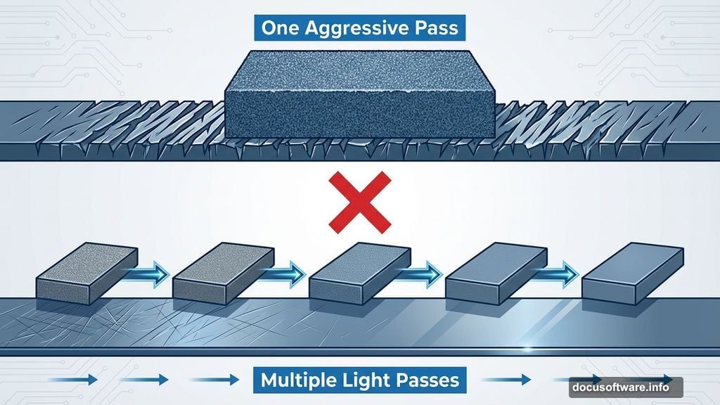 Multiple light passes with finer grits create smooth finish