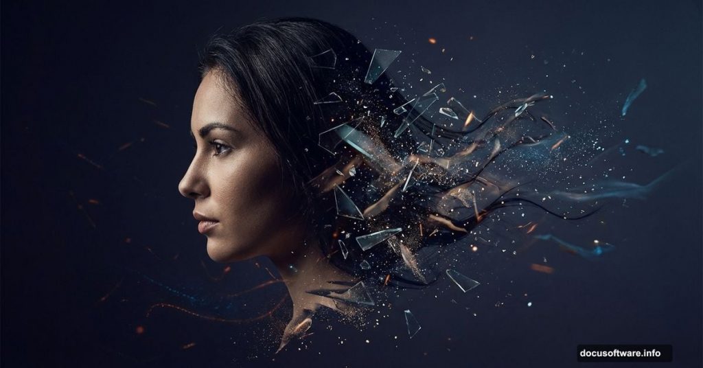 Portrait disintegrating into abstract particles demonstrating Photoshop fragmentation effect