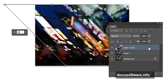 Activate Free Transform tool and set horizontal skew to 45 degrees