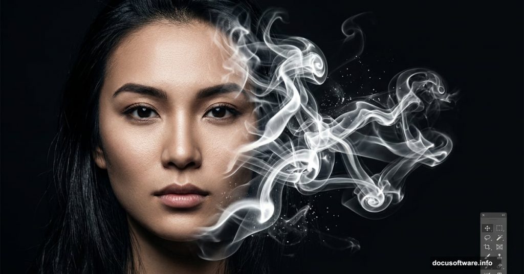 Human face dissolving into white smoke wisps against black background