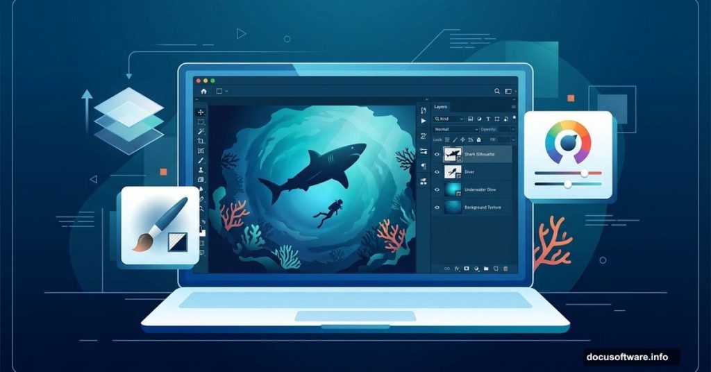 Photoshop interface showing underwater shark and diver scene composition