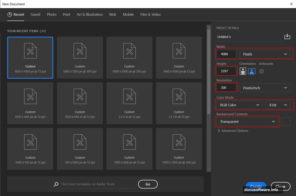 Create new document with specifications for desktop wallpapers and prints