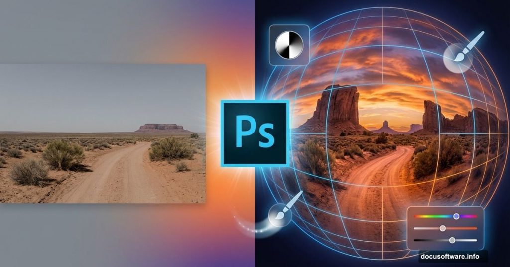 Photoshop fisheye effect before and after desert landscape transformation tutorial