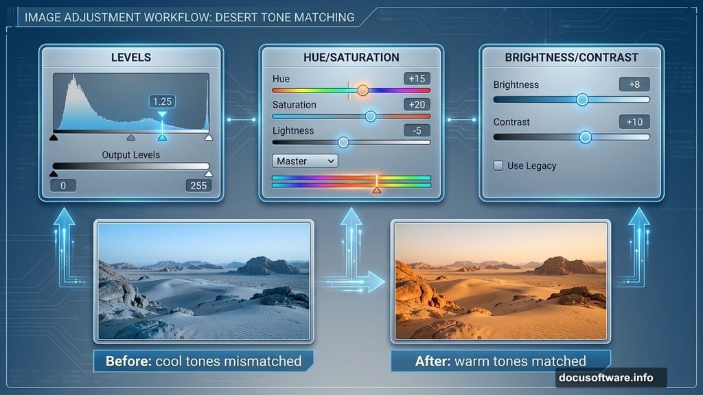 Levels, Hue and Saturation, and Brightness Contrast match color between layers