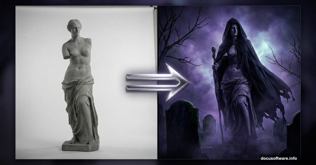 Stone statue transforming into dark cemetery queen Photoshop tutorial