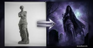Stone statue transforming into dark cemetery queen Photoshop tutorial