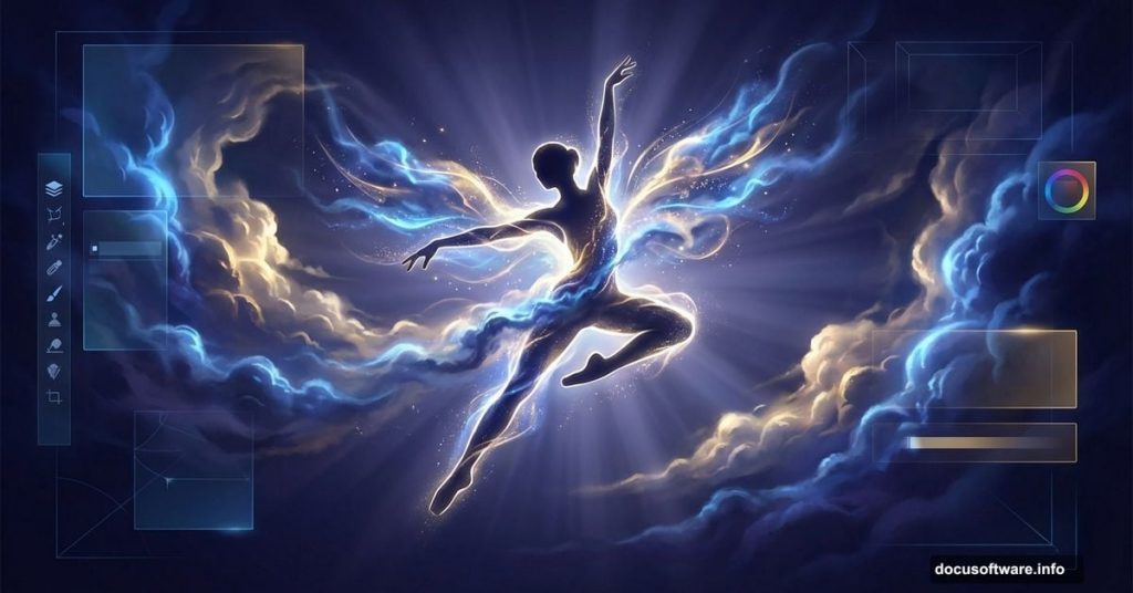 Dancer transformed into glowing digital artwork using Photoshop photo manipulation