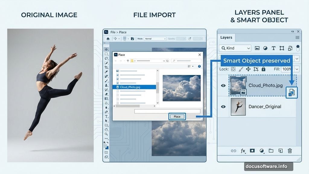 Photoshop Place command converts cloud image into smart object layer