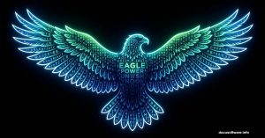 Glowing typographic eagle made of neon blue-green letters on black background