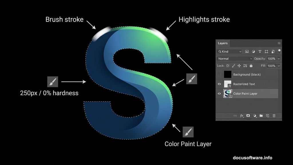 Painting colorful shading onto rasterized Tetra font letters in Photoshop