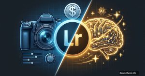 Adobe Lightroom Classic logo split between traditional editing and AI features