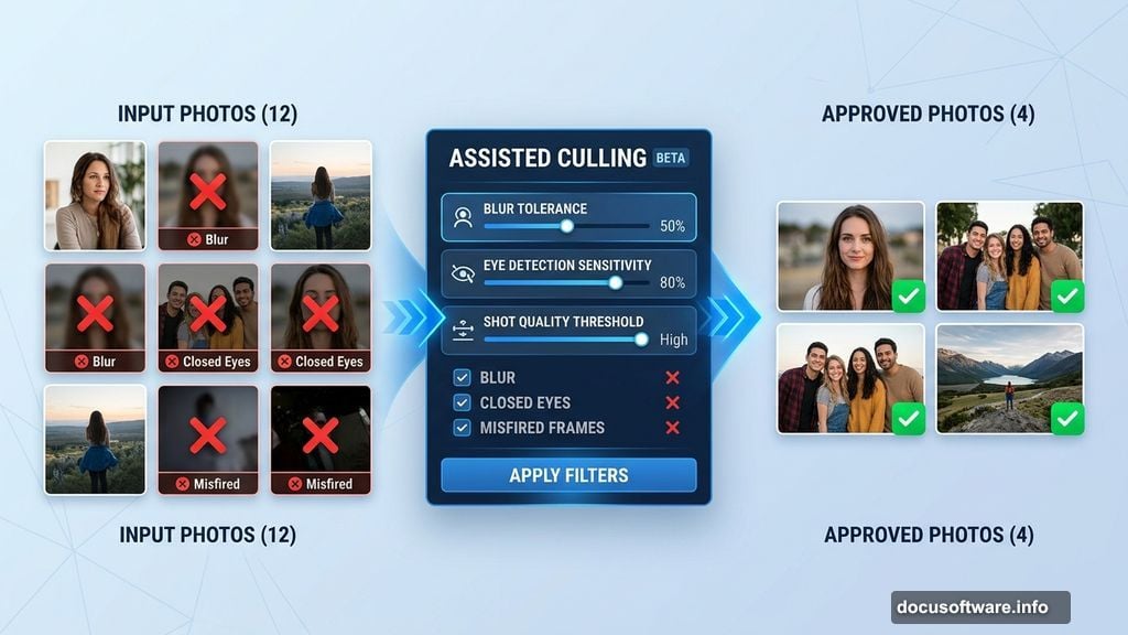 Assisted Culling scans imported images and flags blurry closed-eye shots