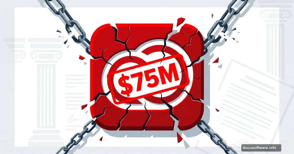Cracked Adobe logo stamped with $75M settlement penalty mark