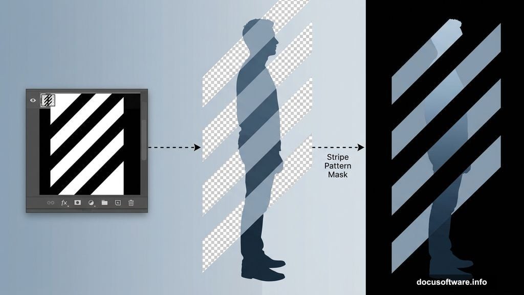 Diagonal stripe pattern mask composited over figure on black background