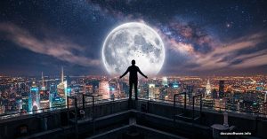 Silhouetted figure on rooftop against glowing city skyline and moon