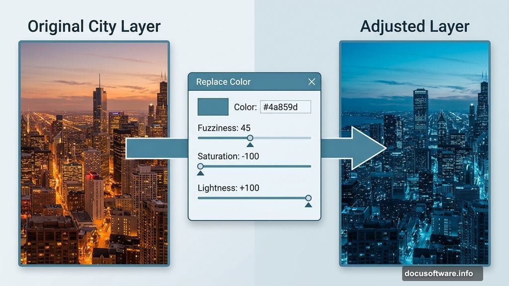 Replace Color adjustment shifts city photo to cool nocturnal atmosphere