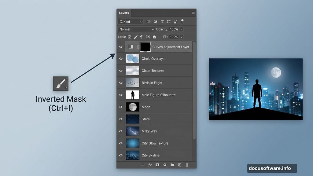 Photoshop Curves adjustment layers with inverted black mask and composite layers