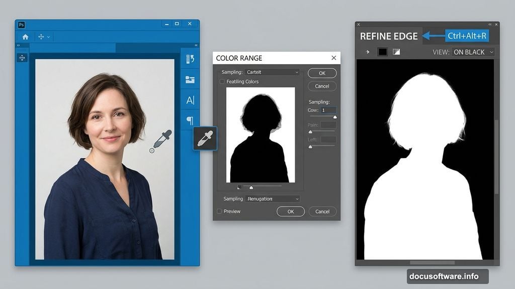 Color Range and Refine Edge commands isolating model from background