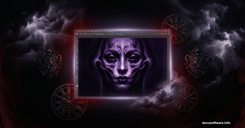 Glowing Photoshop interface creating a dark gothic surreal artwork
