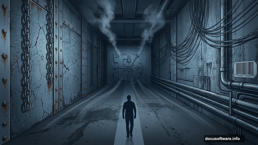 Creepy surreal 3D room with chains pipes vault and industrial textures