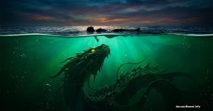 Giant underwater monster lurking beneath unsuspecting swimmer in eerie green depths