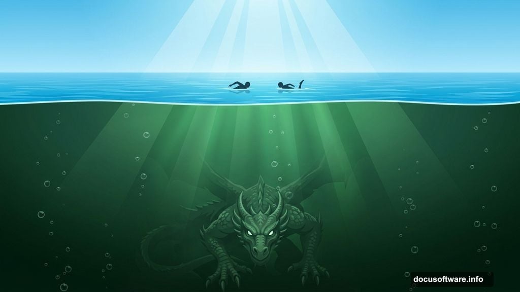 Swimmers near surface unaware of green monster lurking in depths below