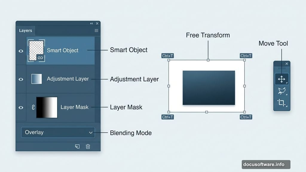Photoshop layers panel showing smart objects adjustment layers and layer masks