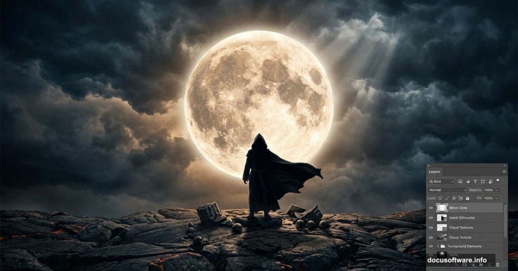 Dark hooded monk silhouette against glowing full moon stormy sky