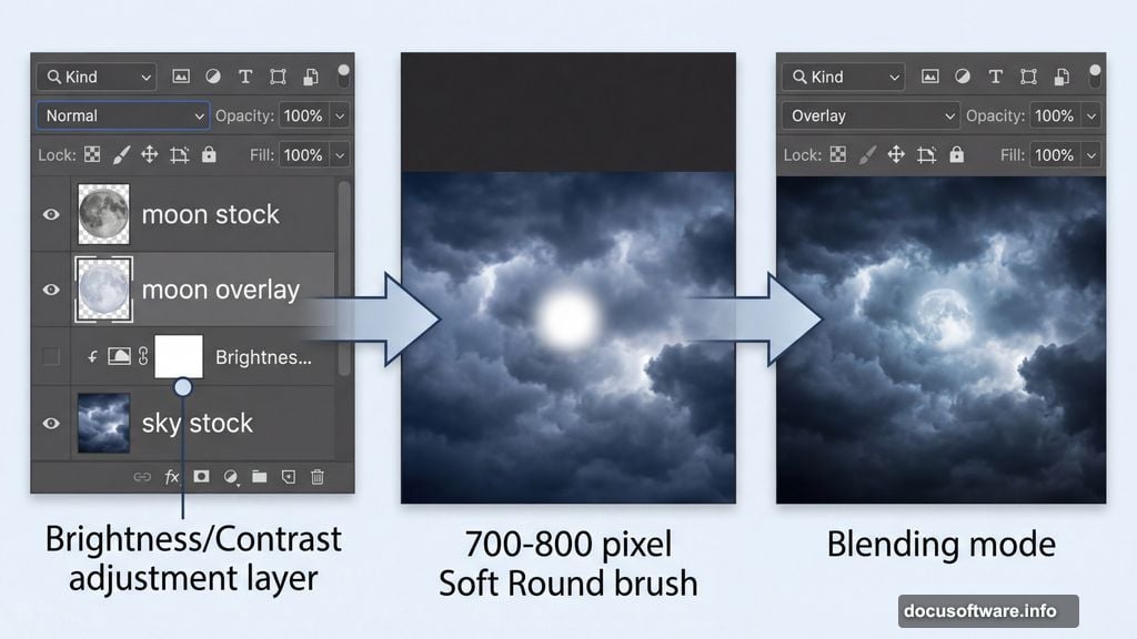 Moon glow painted with Soft Round brush using Overlay blending mode